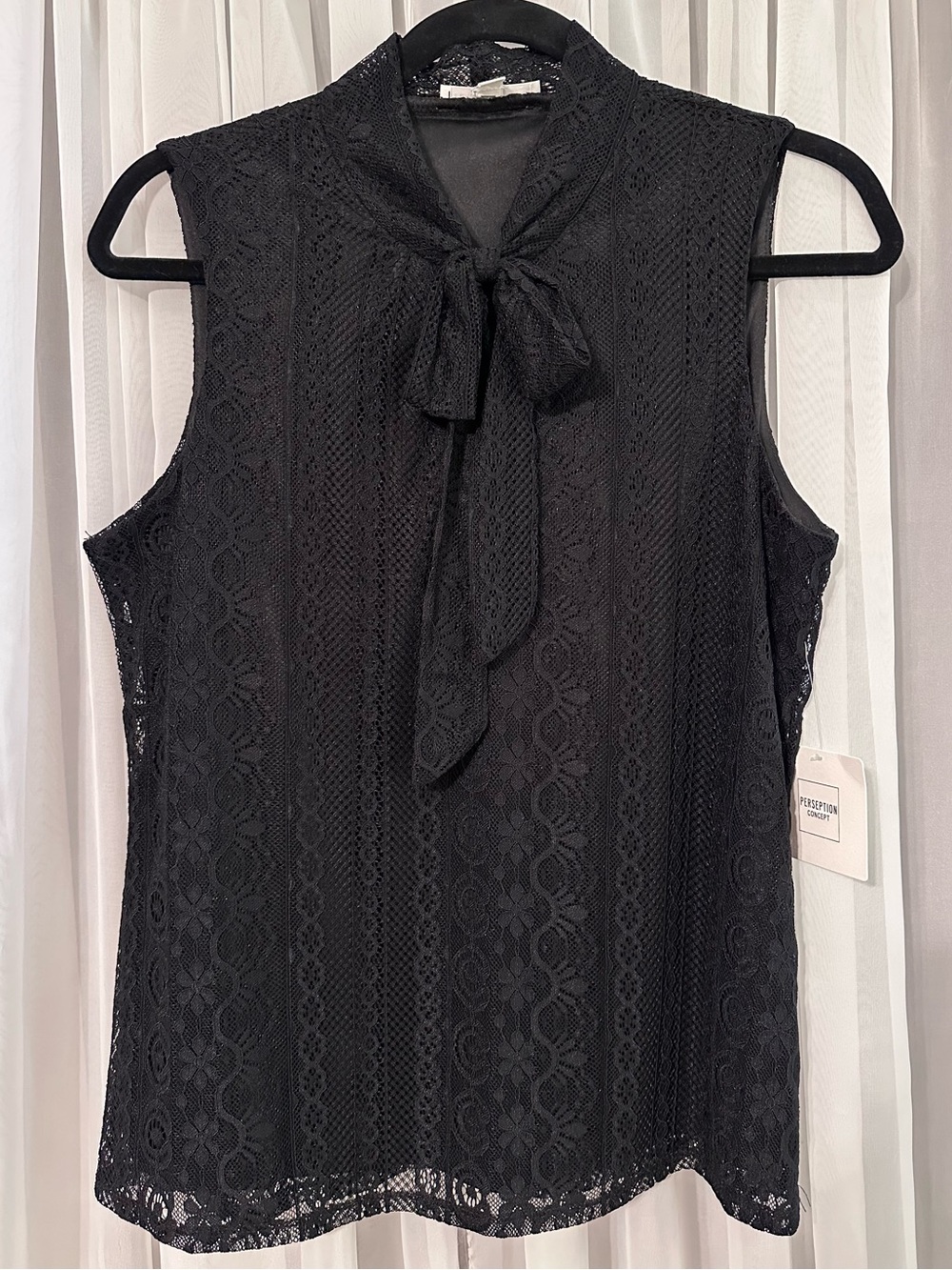 Perseption Concept Black Lace Tie-Neck Tank Top Size S